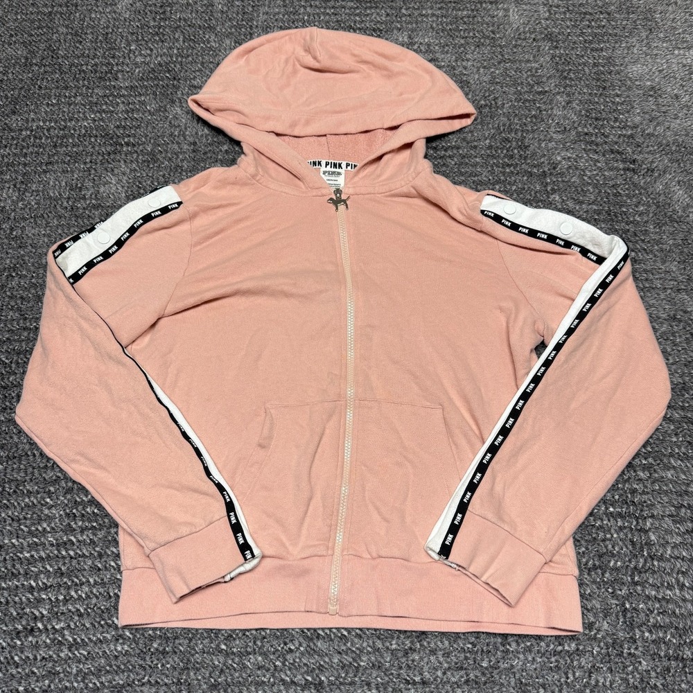 PINK Victoria's Secret Womens‎ Hoodie Large L Pink Full Zip Dog Logo Snap Sleeve